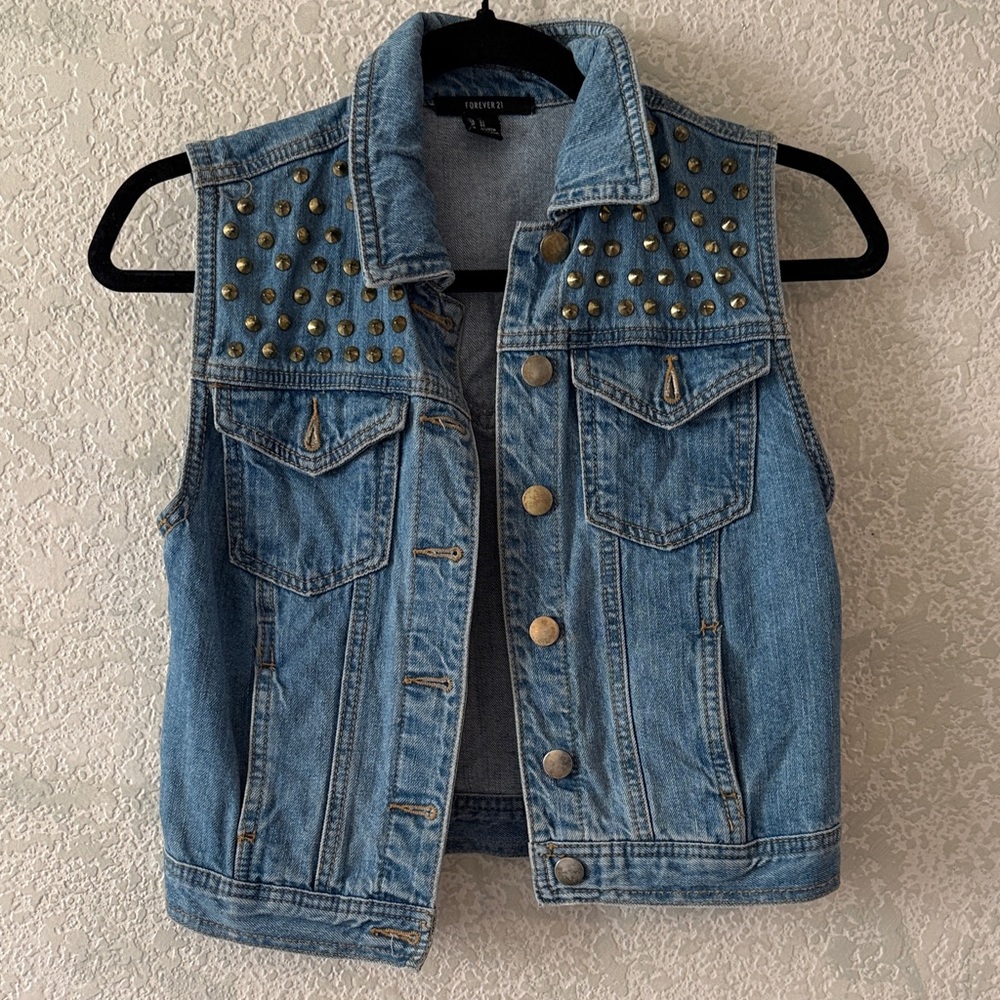 Forever 21 Blue Denim Vest with Gold Studs